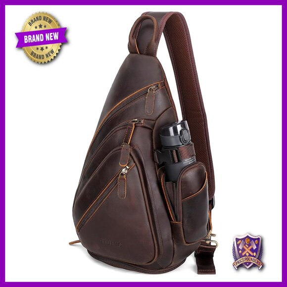 Full Grain Leather Sling Chest Bag Large Crossbody Daypack Fits Tablet